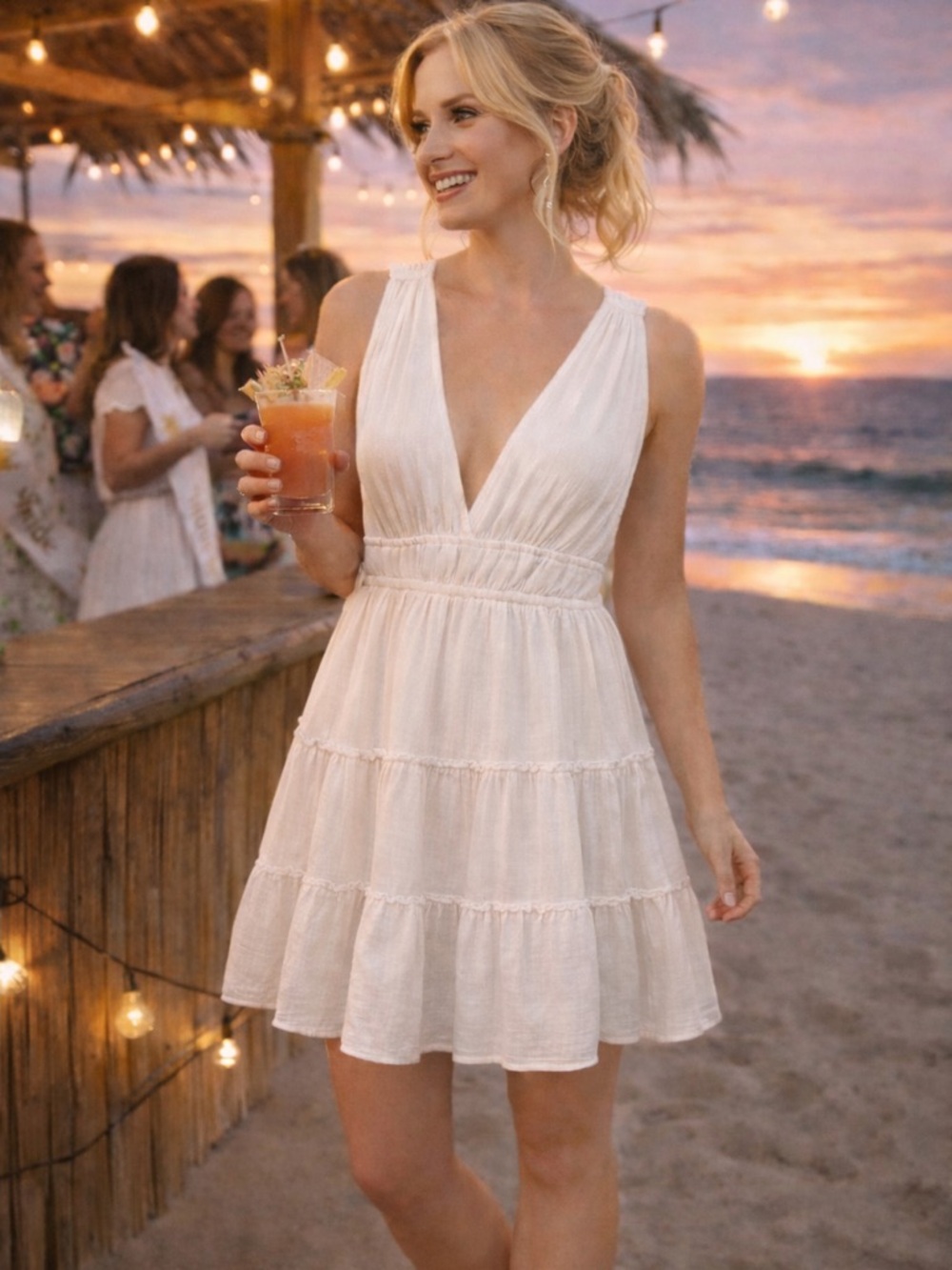 MOD On Trend White Tiered Mini Dress NWT Size Medium Beach Bachelorette Bridal